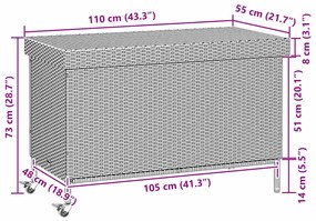 Caixa de arrumação com rodas 110x55x73 cm vime PE cinza-claro