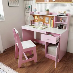 Conjunto de secretaria e cadeira infantil com estante, gaveta, armário, quadro de cortiça e banco com encosto inclinado 109,5 x 48 x 100,5 cm Rosa