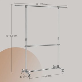 Guarda roupa aberto com rodas Ajustável em altura de 113 a 198 cm, aço inoxidável, cinza prateado