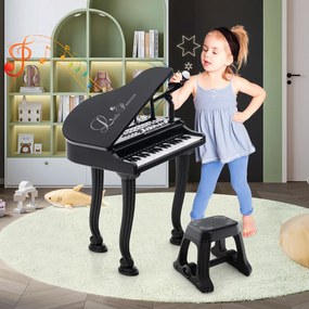 Teclado de piano para crianças com 37 teclas e banco multifuncional portátil com microfone LED e modo de ensino Preto