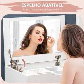 Toucador com Banco Oculto e Espelho Rebatível Mesa de Maquilhagem com Gaveta e 7 Compartimentos Banco Acolchoado Branco