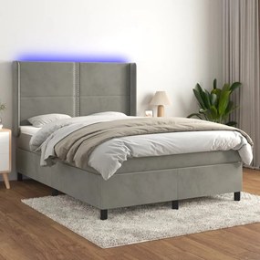 Cama box spring c/ colchão/LED 140x190 cm veludo cinzento