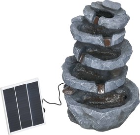 Fonte de jardim solar com cascata de 5 níveis em resina, com luzes LED e bomba, cinzenta
