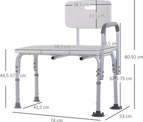 Banco de duche com encosto ergonómico, altura ajustável, pés antiderrapantes, assento amplo, carga máxima de 136 kg, 74 x 53 x 80-92 cm, branco