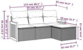 4 pcs conjunto sofás de jardim c/ almofadões vime PE cinzento