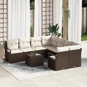 Conjunto de Sofá para Jardim com 9 Peças e Almofadas Castanho em Polir