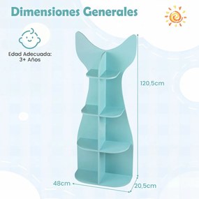 Estante infantil em forma de peixe com 8 compartimentos abertos para arrumação 48 x 20,5 x 120,5 cm, ideal para quartos infantis e creches Azul