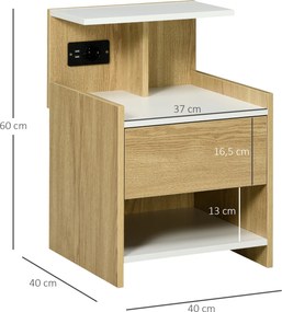 Mesa de Cabeceira Moderna Mesa de Cabeceira com Entrada USB Tomada Elétrica Gaveta e Prateleiras 40x40x60 cm Madeira
