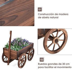 Floreira de jardim carro em madeira com rodas Suporte decorativo para plantas de pátio para exterior 120 x 43 x 53,5 cm Castanho