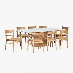 Conjunto De Mesa Com Tampo Em Chapa De Cerâmica 200x100 Cm Aura E 8 Cadeiras De Jantar Com Braços Em Madeira De Carvalho Mireita Cerâmica - Sklum