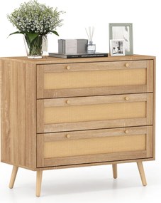 Cómoda em rattan 80 x 40 x 75,5 cm com 3 gavetas e pés em madeira de pinho, estilo boémio, para o quarto, sala de estar ou hall de entrada, com um toq