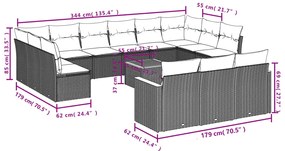 14 pcs conjunto sofás p/ jardim c/ almofadões vime PE cinzento