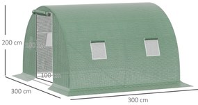 Estufa Tipo Túnel 3x3x2 m com Paredes Laterais Enroláveis 4 Janelas de Malha e Porta Enrolável com Fecho de Correr Verde