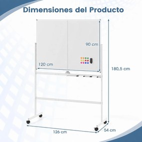 Quadro Branco Móvel, 126 x 54 x 180,5 cm, Dupla Face com Rotação de 360°, Branco
