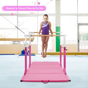 Barras Paralelas Ginástica com Comprimento Ajustável e 11 Alturas Carga 100 kg para Crianças dos 6 aos 12 Anos 250 x 131 x 140 cm Rosa