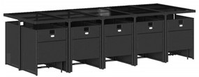 15 pcs conjunto de jantar p/jardim com almofadões vime PE preto