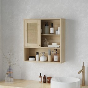 Armário de parede de casa de banho 60L x 19,8l x 65A cm, com porta de correr em rattan e prateleiras abertas, madeira natural