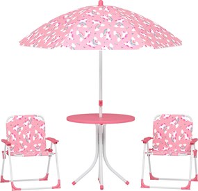Conjunto Infantil de Mesa e Cadeiras de Jardim de 4 Peças Cadeiras Dobráveis Chapéu de Sol Desmontável Design Unicórnios Rosa