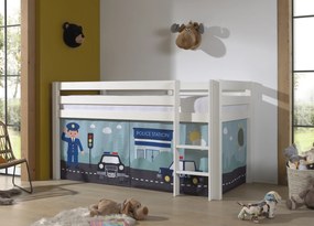 Cama alta de Criança PINO 90 x 200 cm + estrado + escada + cortina Policia Branca