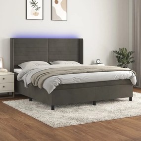 Cama box spring c/ colchão/LED 160x200cm veludo cinzento-escuro