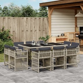 vidaXL 11 pcs conjunto jantar p/ jardim c/ almofadões vime PE cinzento