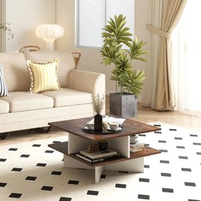 Mesa de centro quadrada 60 x 60 x 32,5 cm de 2 níveis com 4 compartimentos de armazenamento Base em forma de cruz Castanho rústico