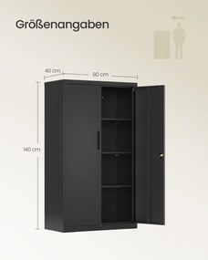 Armário de arquivo escritório com fechadura 80 x 40 x 140 cm, 3 prateleiras ajustáveis, preto mate