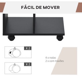 Mesa Auxiliar Moderna Mesa Auxiliar em Forma de C com Rodas e Prateleiras Abertas 45x35x58 cm Preto