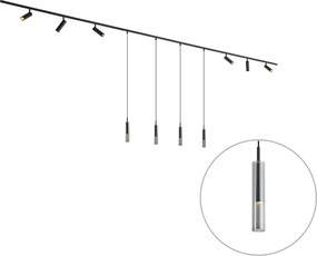 Sistema de calhas de iluminação moderno preto com 6 focos e 4 candeeiros suspensos monofásicos - Slimline Uzzy Loyce