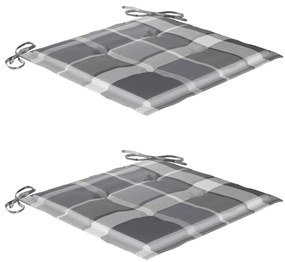 Cadeiras jardim c/ almofadões xadrez cinzento 2 pcs teca maciça