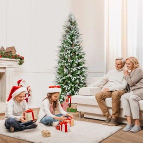 Árvore de Natal pré-iluminada de 190 cm com 280 luzes LED Neve simulada 671 ramos articulados e 60 pinhas Árvore fina Verde