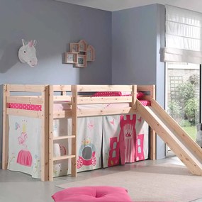 Conjunto Cama alta de Criança PINO 90 x 200 cm + estrado + escada + escorrega + cortina Princesa Natural