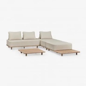 Conjunto De Sala De Estar Com Sofá Chaise Longue Modular De 3 Peças Com Mesa Lateral E Mesa De Centro 95x95 Cm Em Acácia Portet Marrom - Sklum