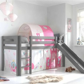Conjunto Cama alta de Criança PINO 90 x 200 cm + estrado + escada + escorrega + tunel + cortina Princesa Cinzenta
