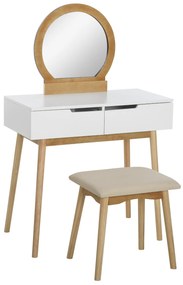HOMCOM Penteadeira estilo Escandinavo Mesa de Maquiagem com Espelho 2 Gavetas e Banco Branco Pinho Claro | Aosom Portugal