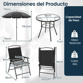 Conjunto exterior de 6 peças com guarda-sol, mesa redonda e cadeiras dobráveis para 4 pessoas para jardim, preto