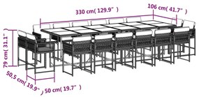 17 pcs conjunto de jantar p/ jardim c/ almofadões vime PE bege