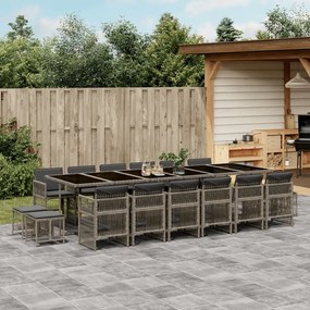 17 pcs conj. de jantar p/ jardim c/ almofadões vime PE cinzento