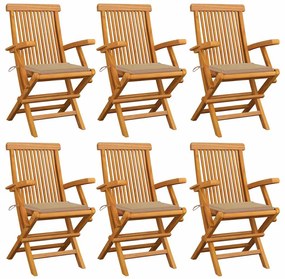 Cadeiras de jardim c/ almofadões beges 6 pcs teca maciça