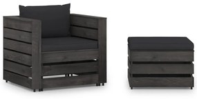 2 pcs conj. lounge jardim + almofadões madeira impreg. cinzento