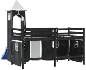 Cama alta criança c/ torre 90x190 cm pinho maciço branco/preto