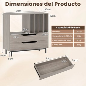 Suporte para gira-discos e para discos de vinil 91 x 36 x 87 cm com compartimento aberto 4 prateleiras e 2 gavetas e pés de metal cinzento
