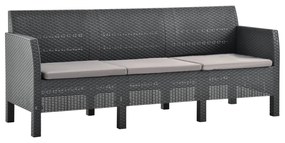 vidaXL Sofá de jardim 3 lugares com almofadões vime PP antracite