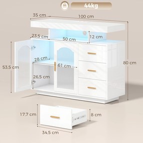 Aparador com LED RGB de 7 Cores, Tomadas, Portas USB, 3 Gavetas, Prateleiras Abertas, 2 Portas, Branco Brilhante, 100x35x80 cm