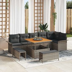 Conjunto de Sofá de Jardim com 9 Peças com Almofadas Cinzas Rattan Poliéster Acácia