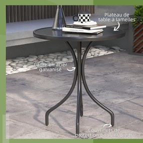Mesa de jardim redonda Ø66 cm, mesa de exterior em aço galvanizado com tampo de ripas para terraço ou varanda, preta