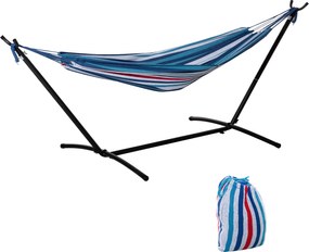 Cama Rede descanso jardim com Suporte 310x117 cm com Bolsa de Transporte Altura Ajustável Capacidade 120 kg para Campismo Azul e Branco