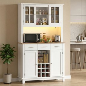 Armário de Cozinha com Iluminação LED Controlo por APP Suporte para Garrafas Portas de Vidro e 3 Gavetas 100x39,5x180 cm Branco