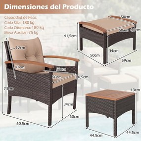 Conjunto jardim de 5 peças de vime para jardim, com 2 poltronas, 2 pufes, mesa auxiliar, almofadas e tampo em madeira de acácia Castanho misturado e a
