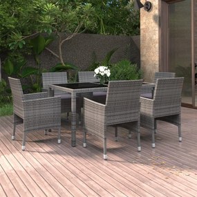 vidaXL 7 pcs conjunto jantar p/ jardim vime PE e vidro temperado cinza
